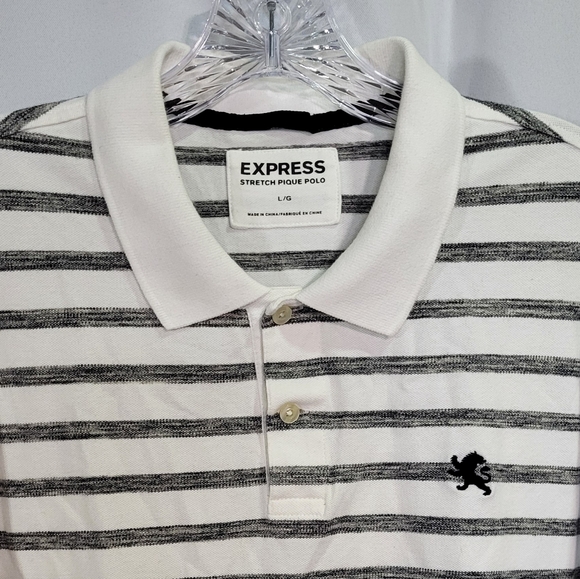 Express Men's White Striped 2 Button Stretch Pique Polo Shirt Size Large EUC - Picture 3 of 6